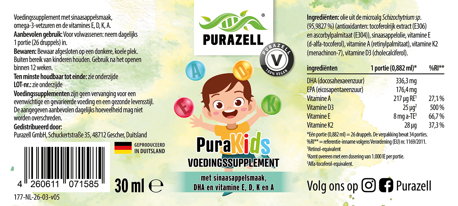 PuraKids met DHA, vitamine D3, K2, A & E (Veganistisch)
