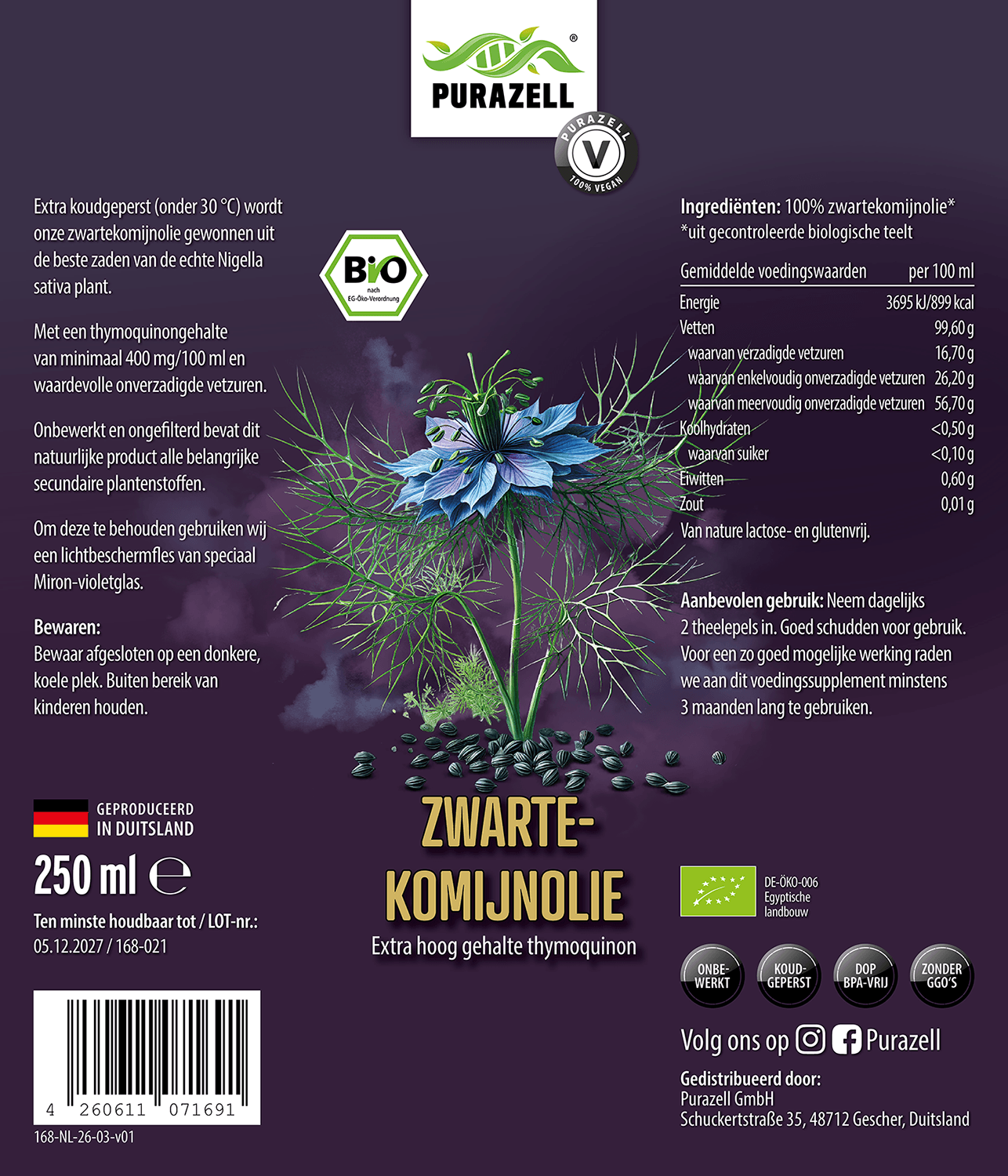Biologische zwarte komijnolie 250 ml