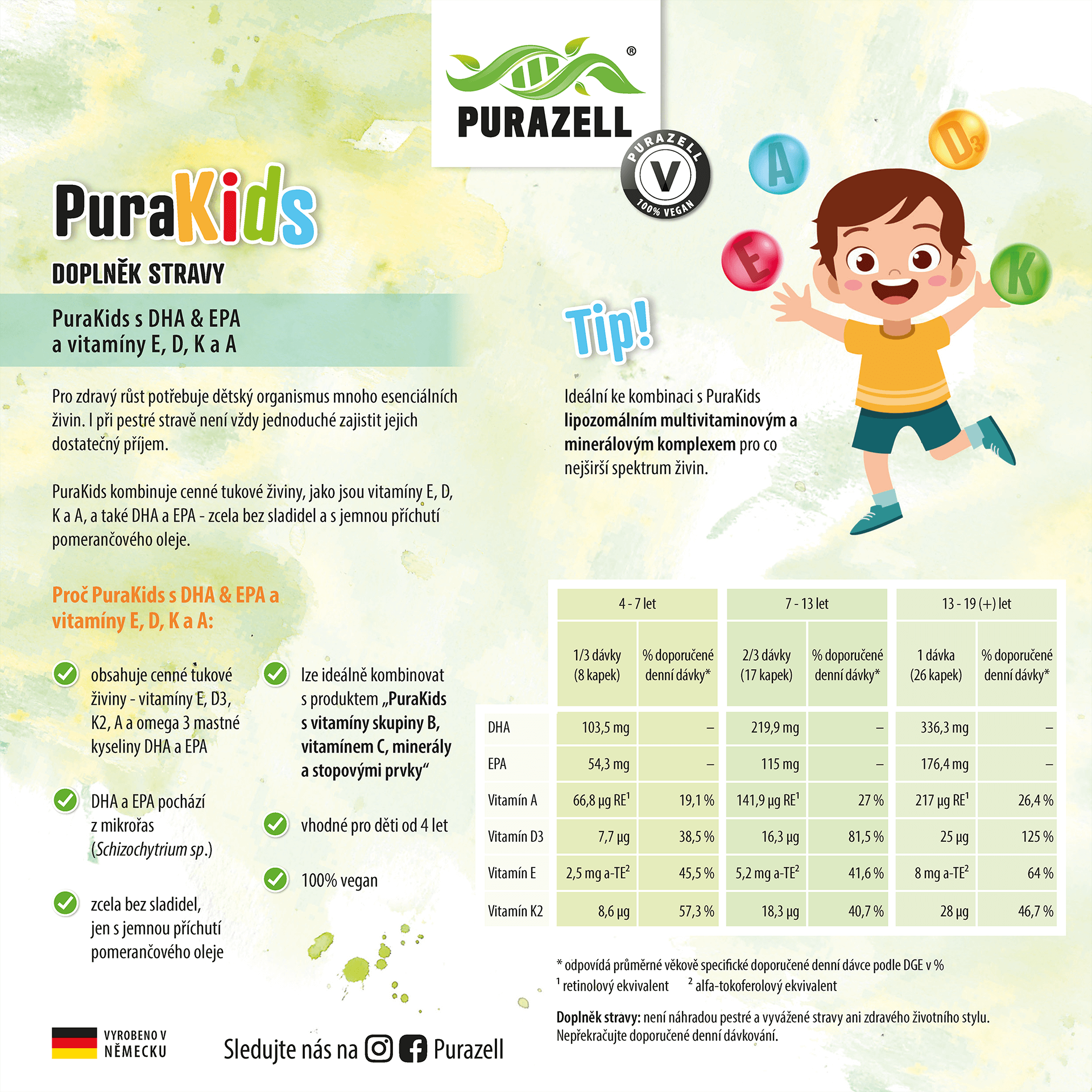 PuraKids s DHA, vitaminem D3, K2, A a E (veganské)