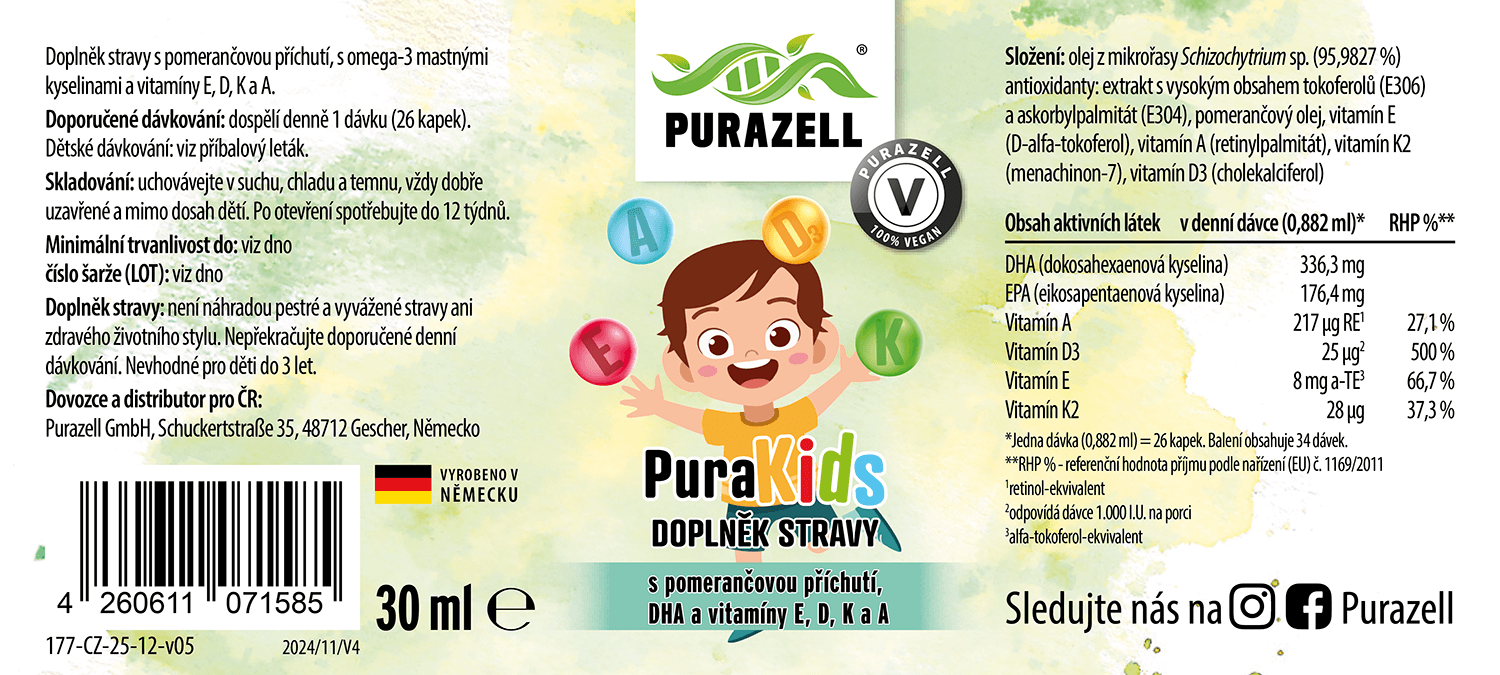 PuraKids s DHA, vitaminem D3, K2, A a E (veganské)